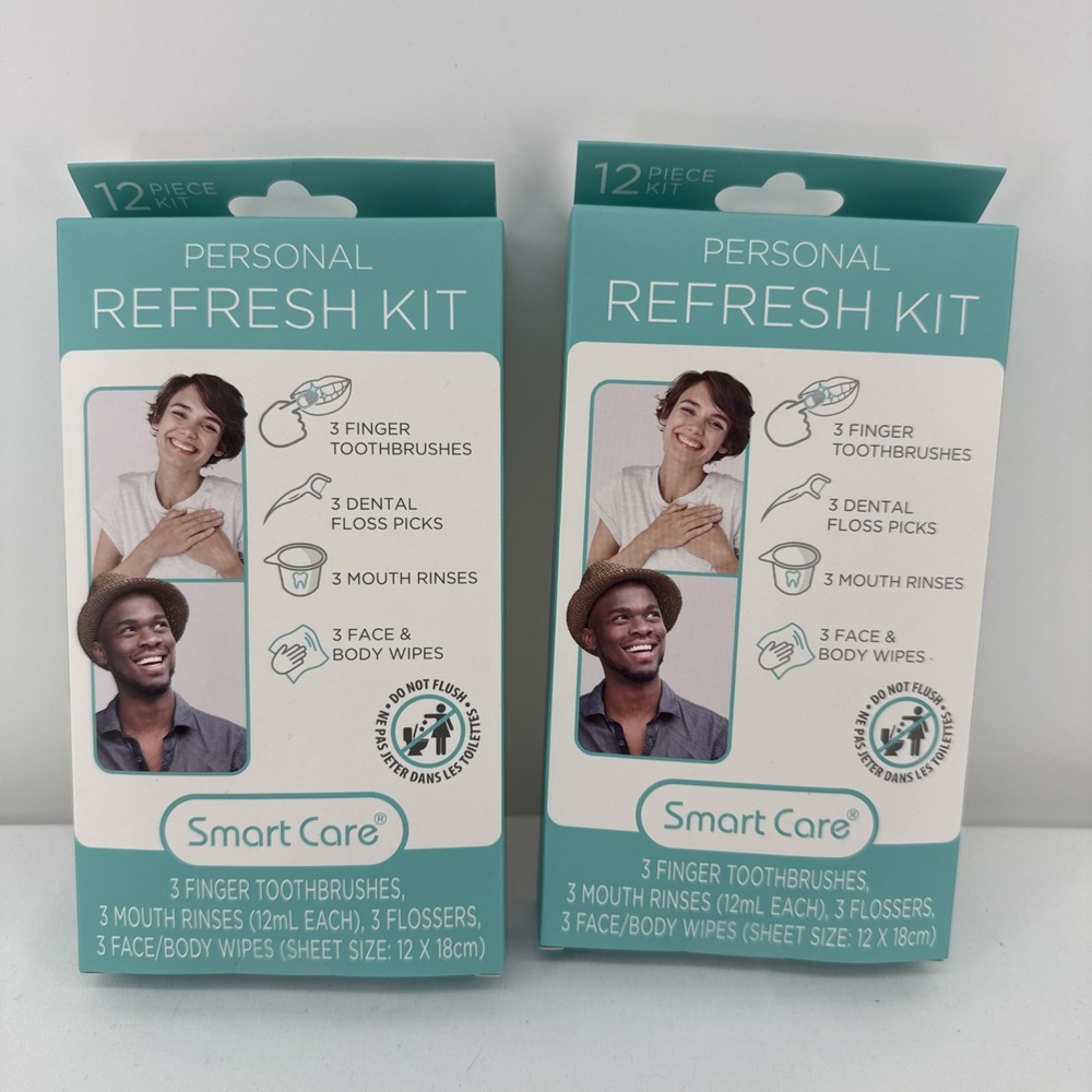 Smart Care Personal Refresh 12pc Kit Finger Toothbrush Mouthwash Face Wipe 12/25